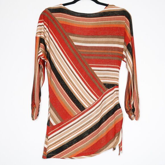 Cache Womens Assymetrical Top Size Small Orange Red Striped Feminine Ruched Side - Picture 2 of 6